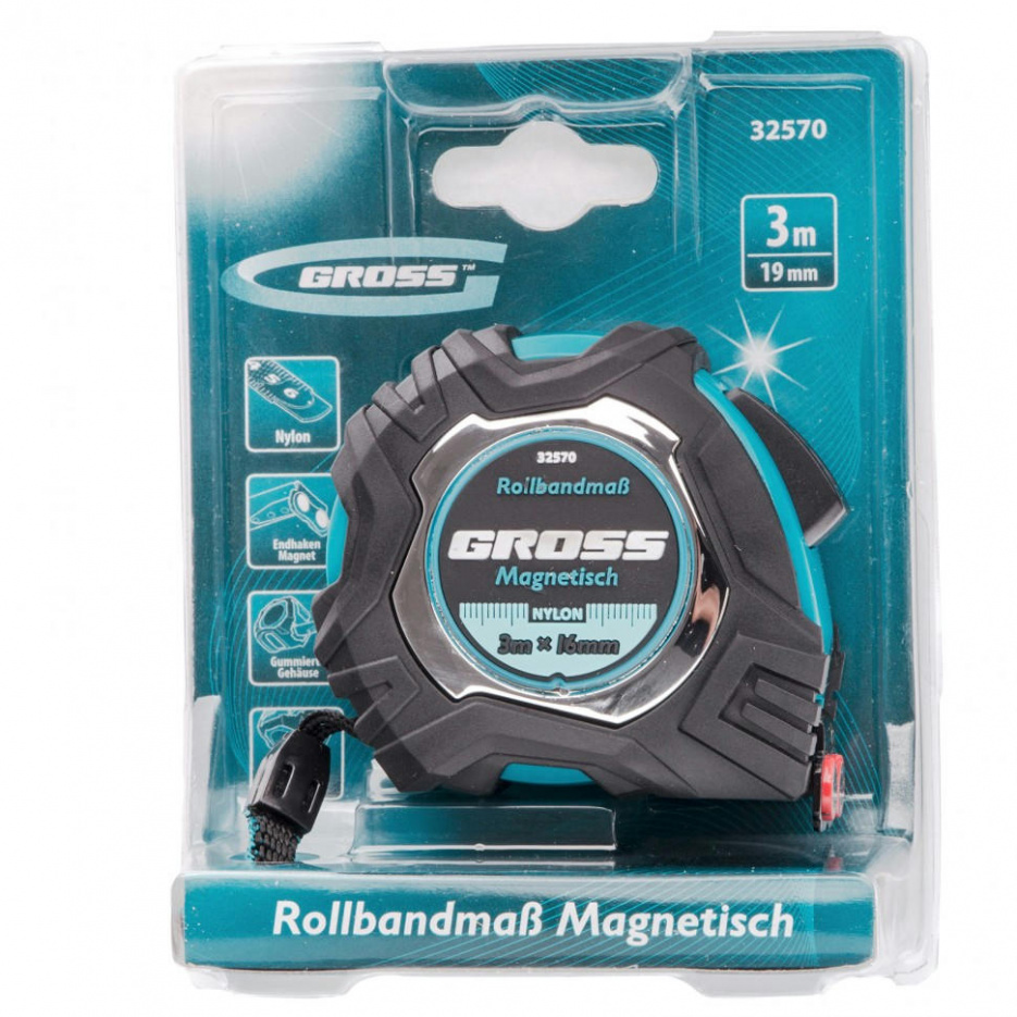 Рулетка измерительная"Magnetisch" 3 м, магнитный крюк GROSS 32570