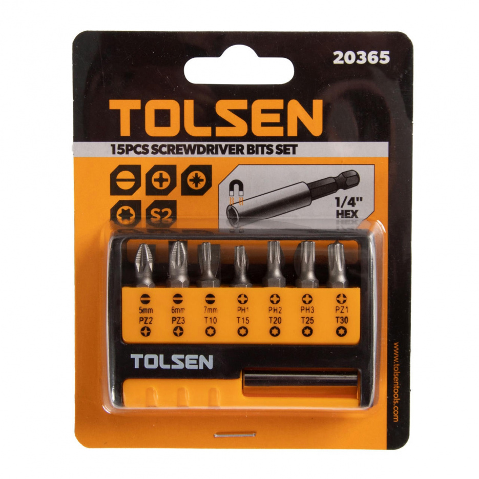 Набор вставок (бит) 1/4", PH, PZ, Torx, 15 предметов TOLSEN TT20365